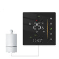 Black digital thermostat with display showing 25.5°c paired with white wall-mounted boiler for intelligent home heating