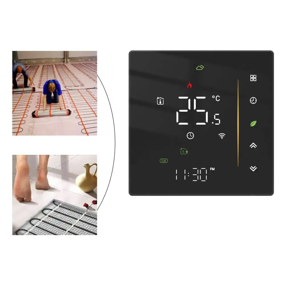 Black digital thermostat with illuminated display and touch controls for intelligent home heating digital thermostat switch