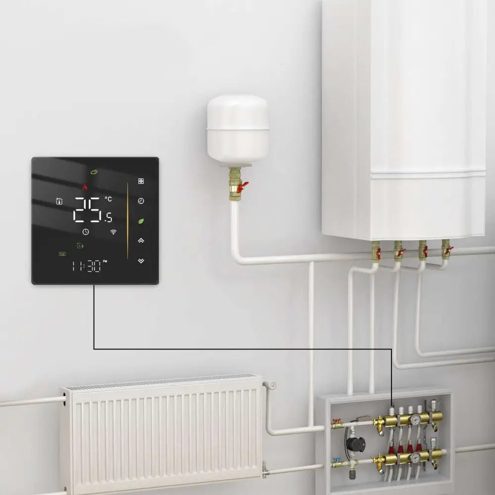 Black digital thermostat switch displaying 25.5°c and time mounted on wall beside white heating pipes for intelligent home heating
