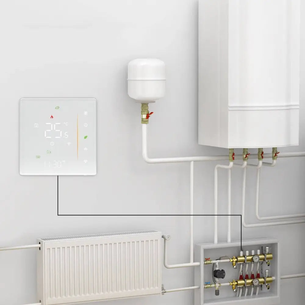 White intelligent home heating digital thermostat switch displaying 25°c mounted on wall near heating components
