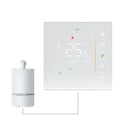 White rectangular digital thermostat switch showing 25.5°c paired with white cylindrical boiler for intelligent home heating