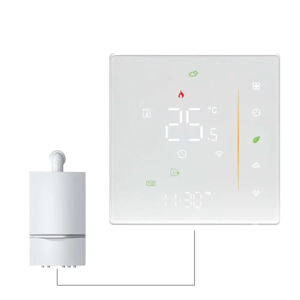 White rectangular digital thermostat switch showing 25.5°c paired with white cylindrical boiler for intelligent home heating