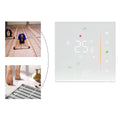 White glass-faced intelligent home heating digital thermostat switch with illuminated display and touch-sensitive icons