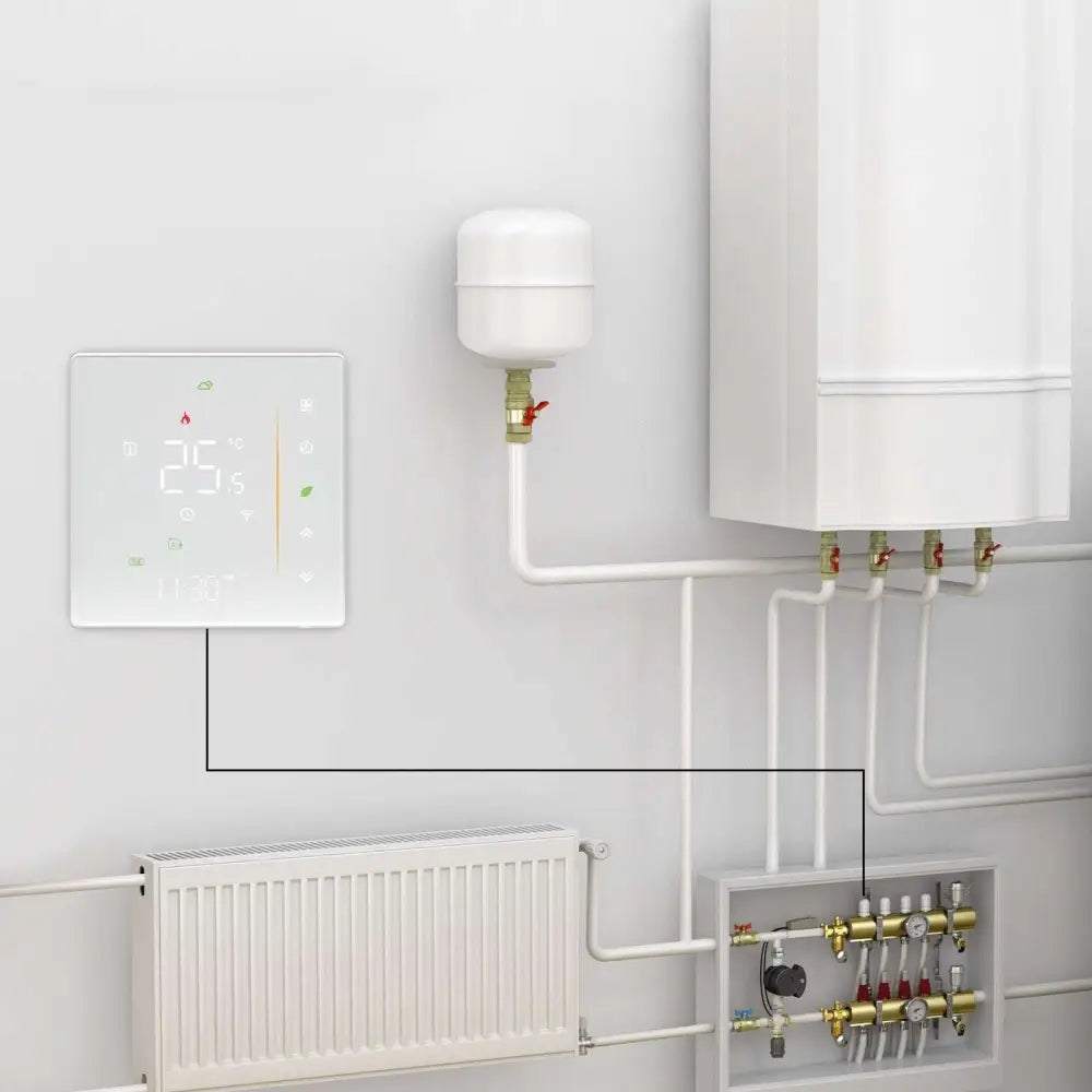 White rectangular intelligent home heating digital thermostat switch showing 25°c mounted next to heating pipes
