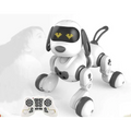 Intelligent remote control white and black robot dog toy with glowing yellow heart-shaped eyes for interactive play
