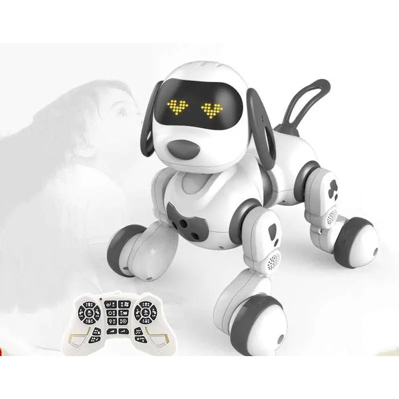 Intelligent remote control white and black robot dog toy with glowing yellow heart-shaped eyes for interactive play