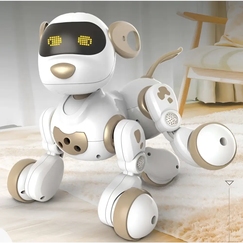 White and gold intelligent remote control robot dog toy with glowing yellow eyes and sleek plastic body with paw print accents