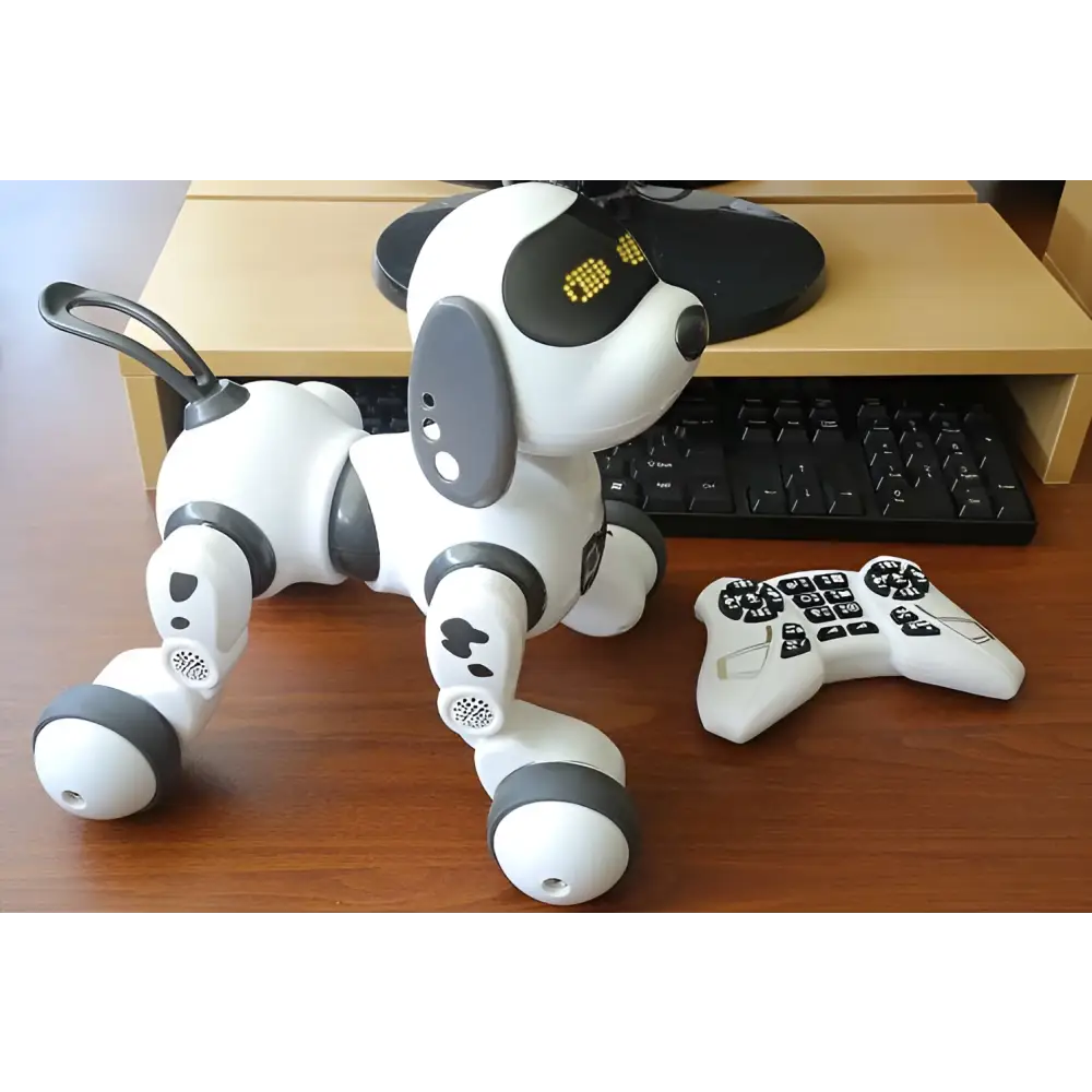 White and gold intelligent remote control robot dog toy with glowing yellow eyes and sleek plastic body with paw print accents