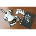 White and black intelligent remote control robot dog toy with glowing yellow eyes for interactive play
