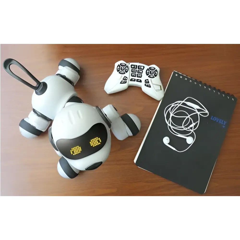 White and black intelligent remote control robot dog toy with glowing yellow eyes for interactive play
