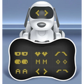 White intelligent remote control robot dog toy with black led eyes showing yellow arrows holding a bone-shaped screen
