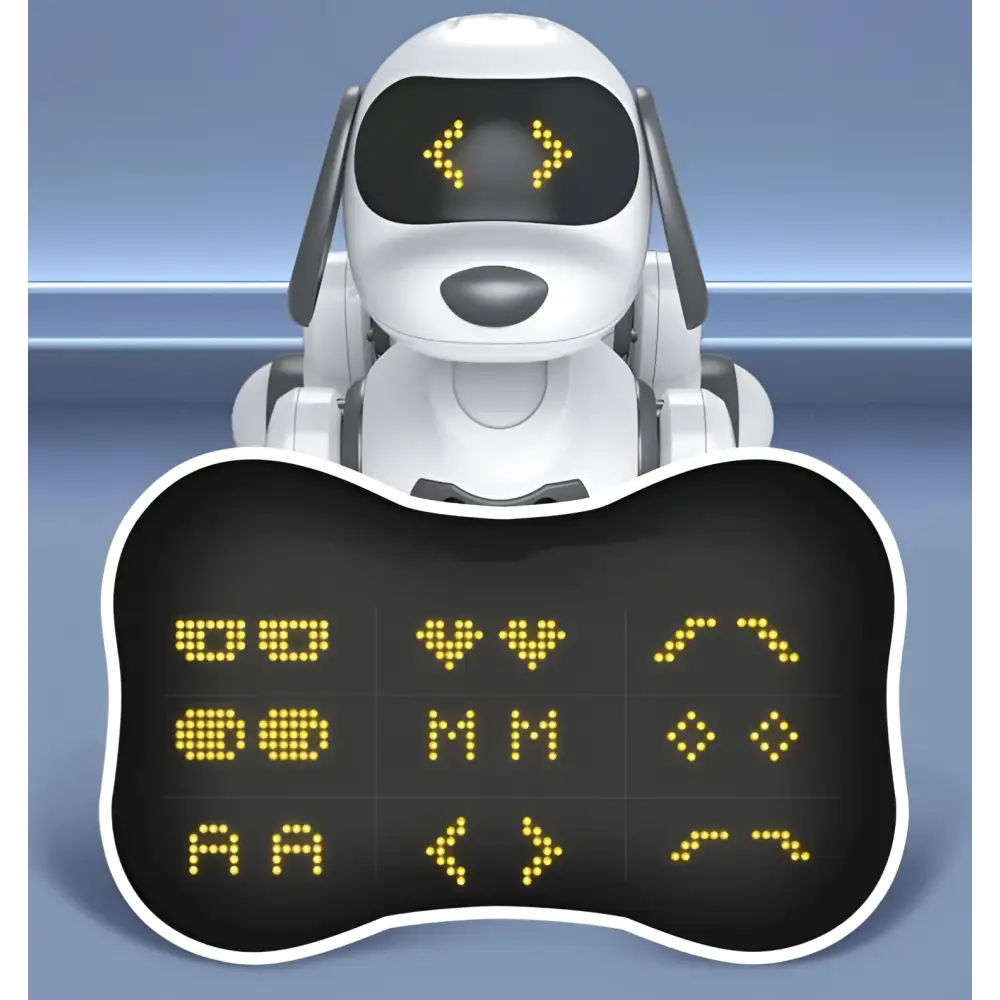 White intelligent remote control robot dog toy with black led eyes showing yellow arrows holding a bone-shaped screen
