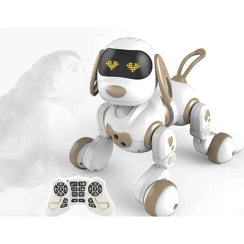 White and gold intelligent remote control robot dog toy with heart-shaped led eyes designed as a pet toy