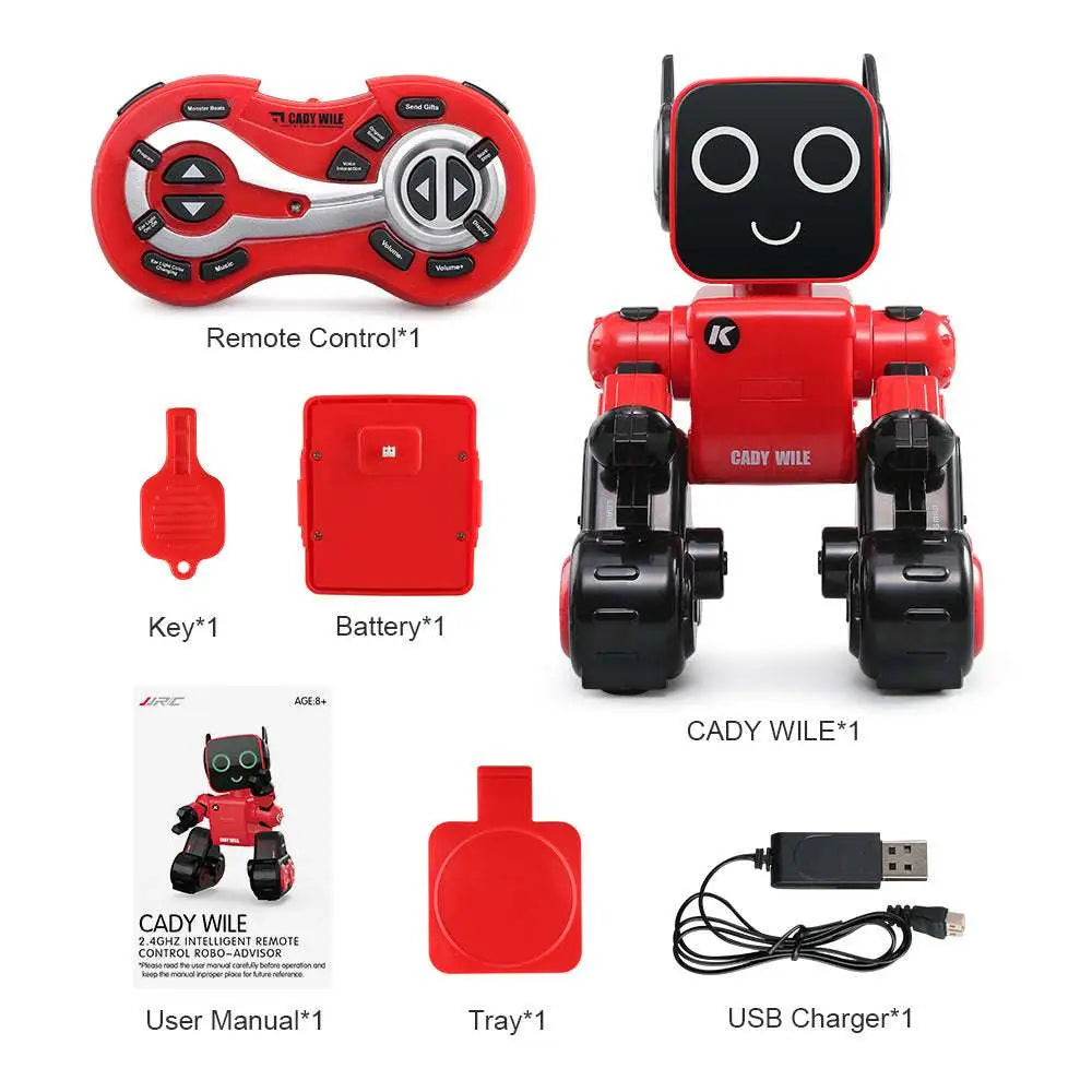 Red and black cady wile intelligent remote control robot with tank wheels, square head, smiling face, and glowing teal eyes