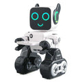 Intelligent remote control robot with white and black body, glowing teal eyes, smiling face, and tank wheels