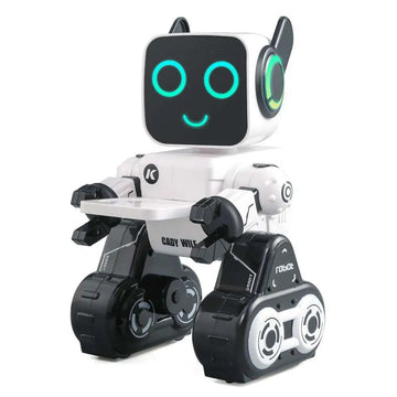 Intelligent remote control robot with white and black body, glowing teal eyes, smiling face, and tank wheels