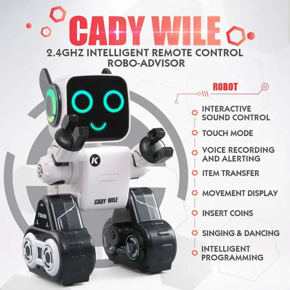 White and black intelligent remote control robot with tank wheels glowing teal eyes and smiling face display
