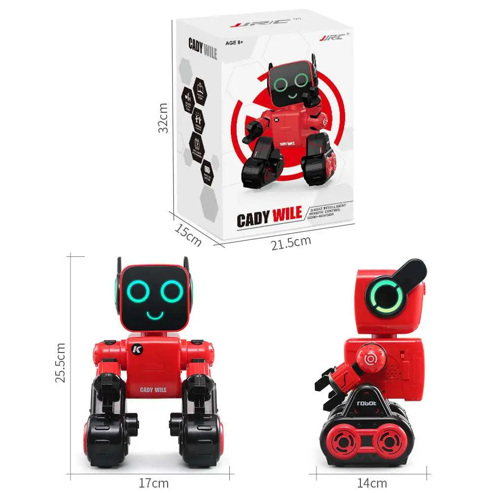 Intelligent remote control robot with red and black cady wile design, glowing teal eyes, and tank-like wheels