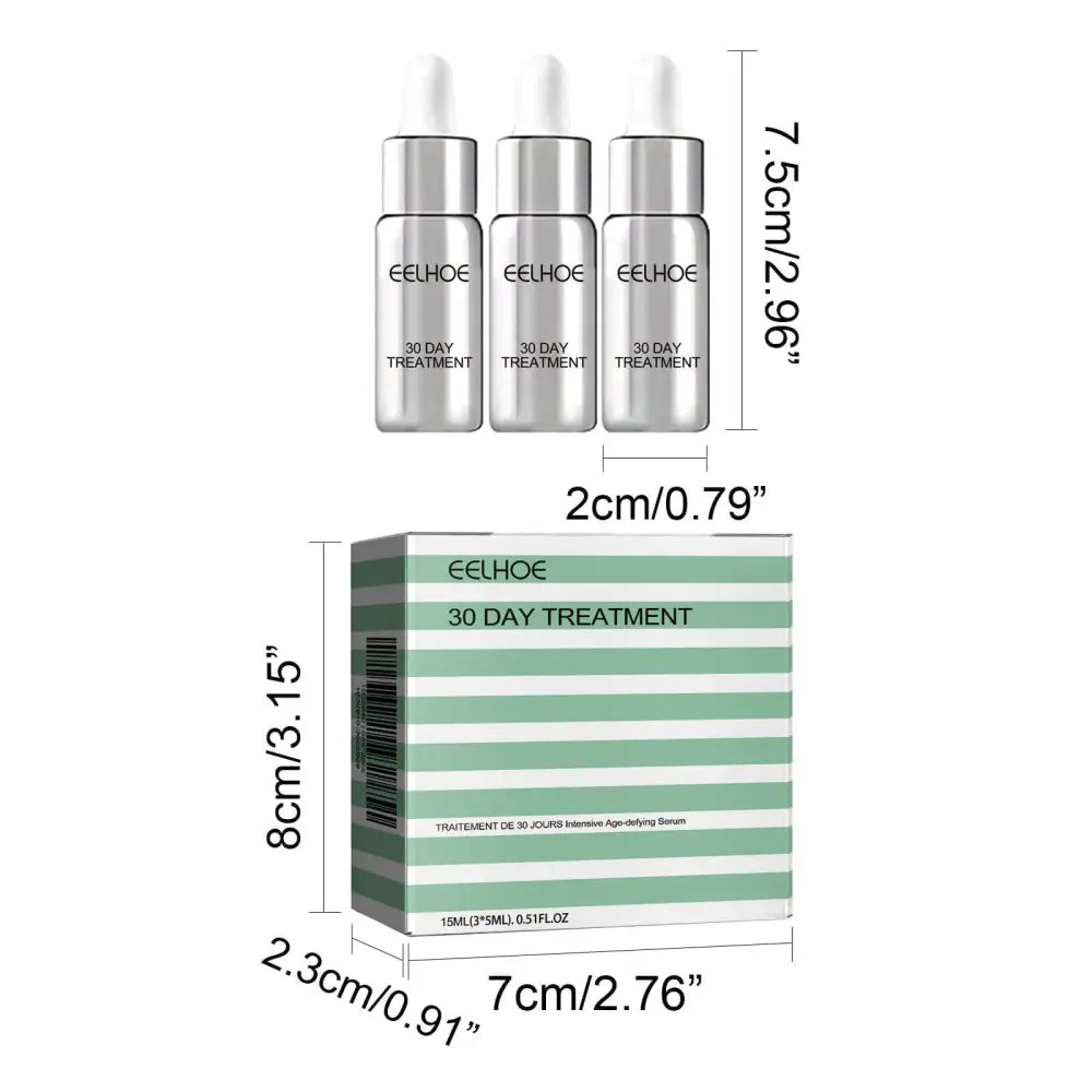 Three silver dropper bottles of eelhoe intensive anti aging essences 30 day treatment serum with minimalist labeling