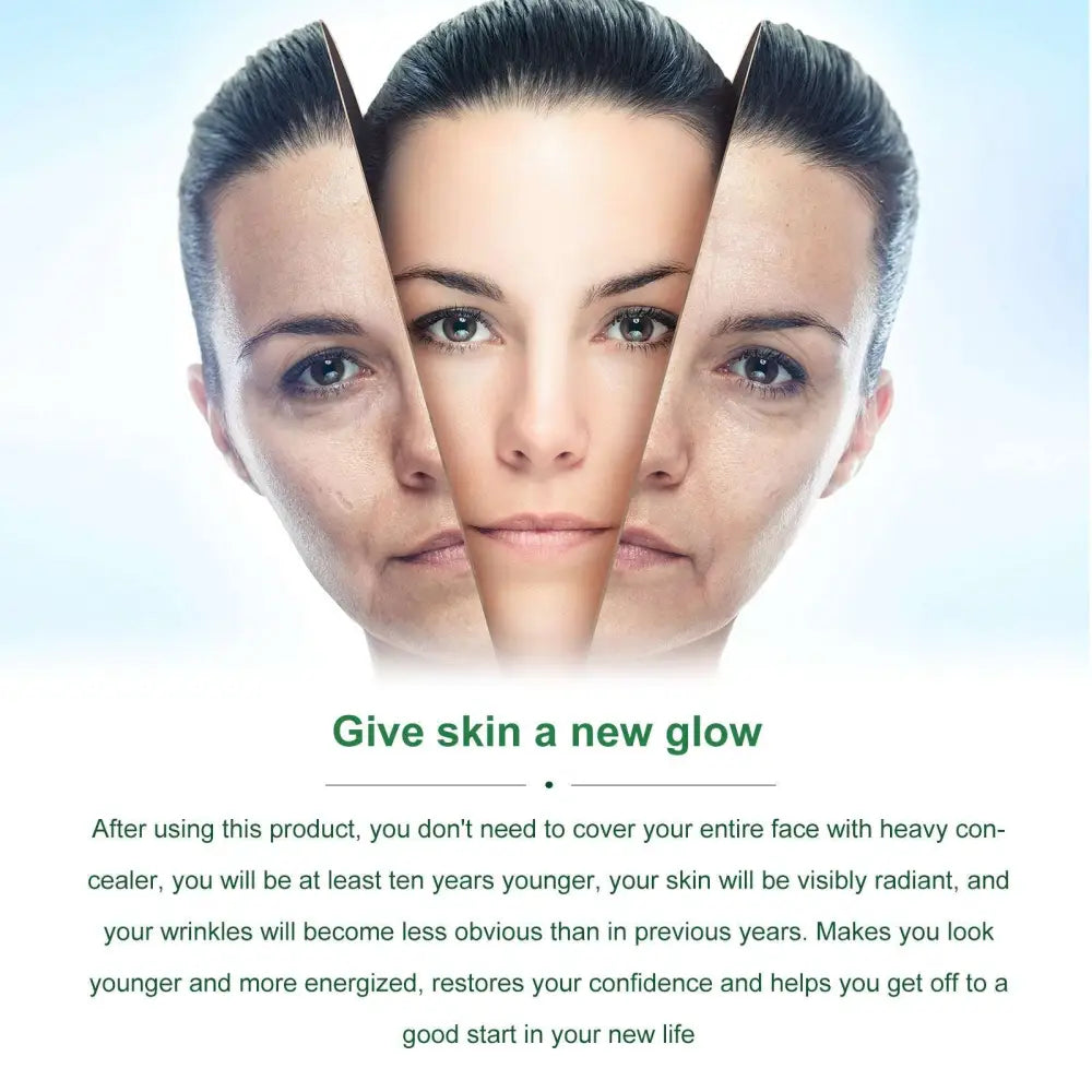 A woman’s face divided with clear skin center and aged skin outer sections for intensive anti aging essences 30 day treatment
