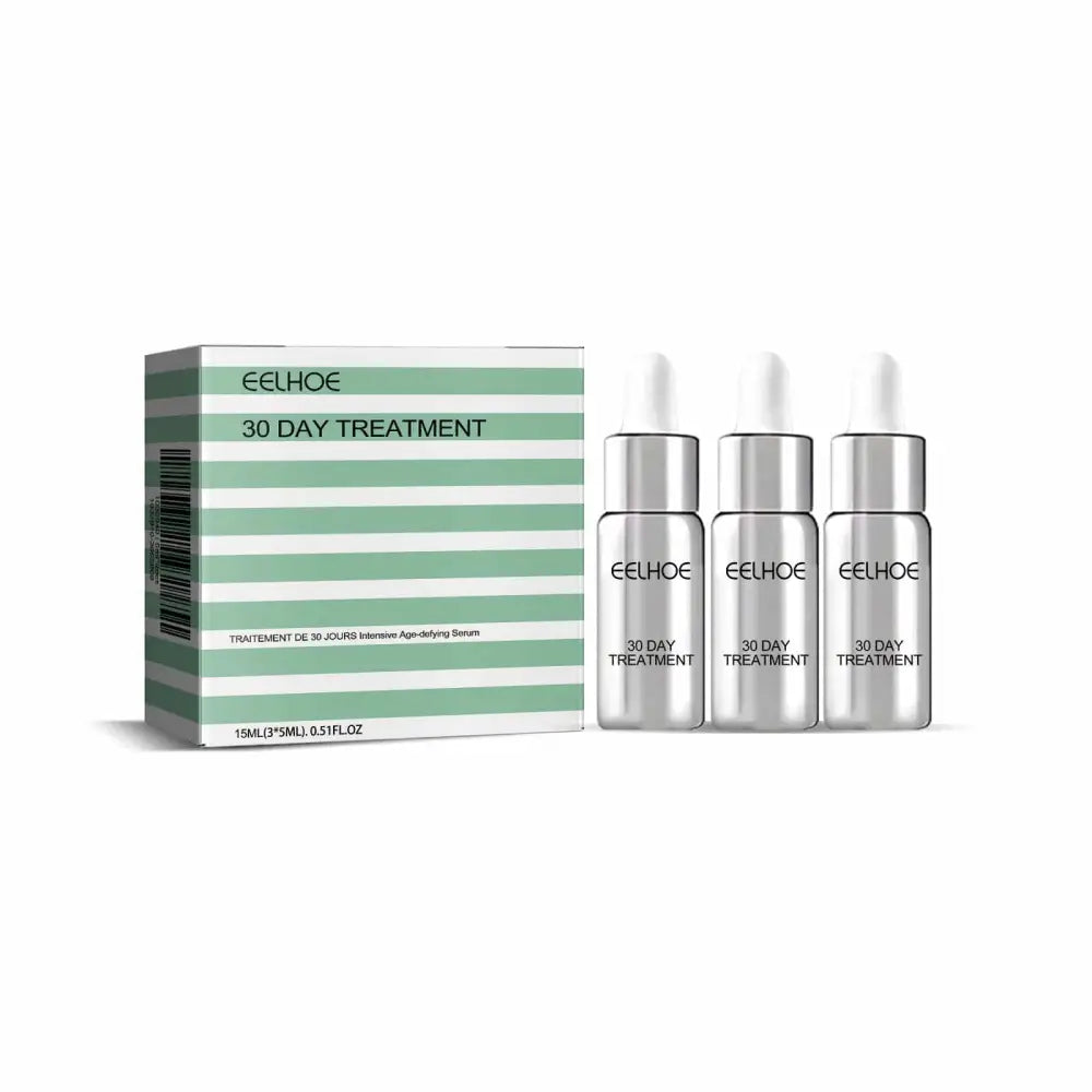 Three sleek silver dropper bottles of eelhoe intensive anti aging essences 30 day treatment serum with white caps