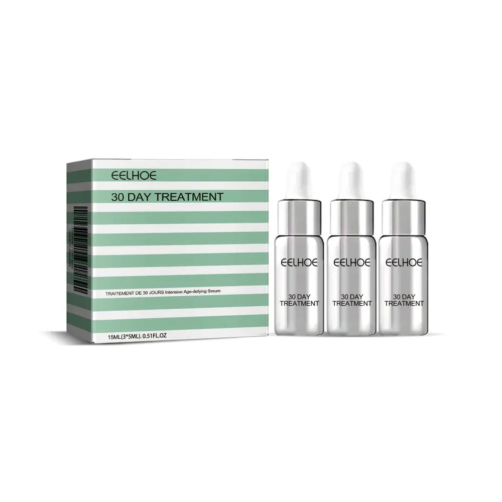 Set of three silver dropper bottles with white caps in green and white box labeled eelhoe intensive anti aging essences