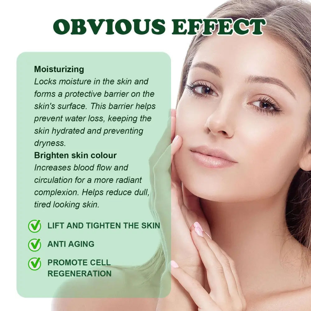 A woman with light brown hair gently touches her face showcasing radiant skin with intensive anti aging essences silver dropper bottles