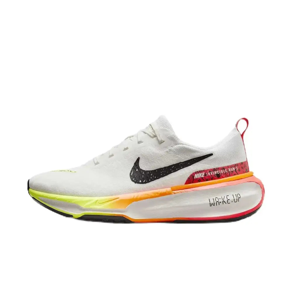 White nike invincible run 3 road running shoes with black speckled swoosh and cushioning helps performance