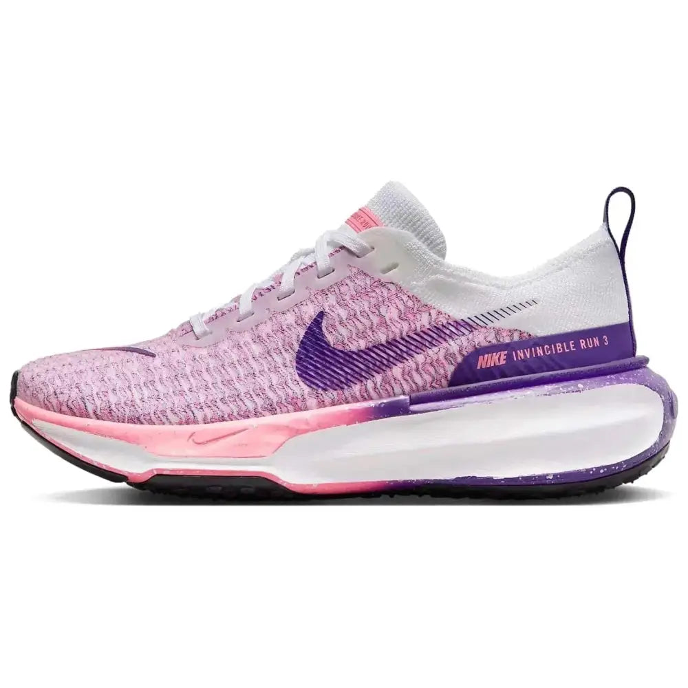 Pink and purple nike invincible 3 womens road running shoes with knit upper and cushioned sole in white coral chalk