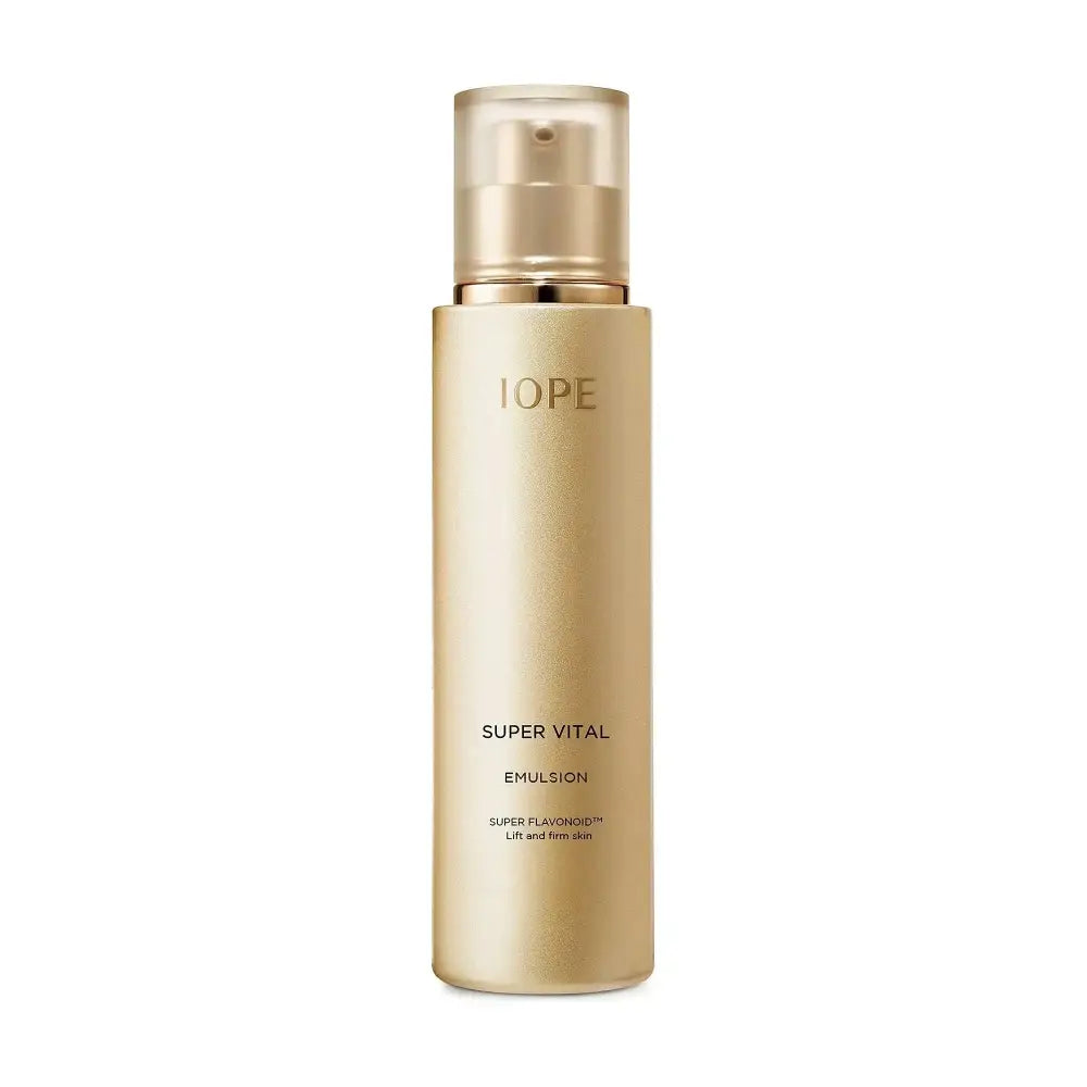 A sleek gold-colored iope super vital facial moisturizing emulsion bottle with pump for reducing fine lines