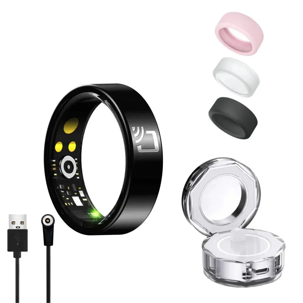 Black ip68 waterproof fitness ring with yellow and green illuminated buttons and silver logo on the side