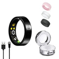 Black ip68 waterproof fitness ring with yellow and green illuminated buttons and silver logo on the side
