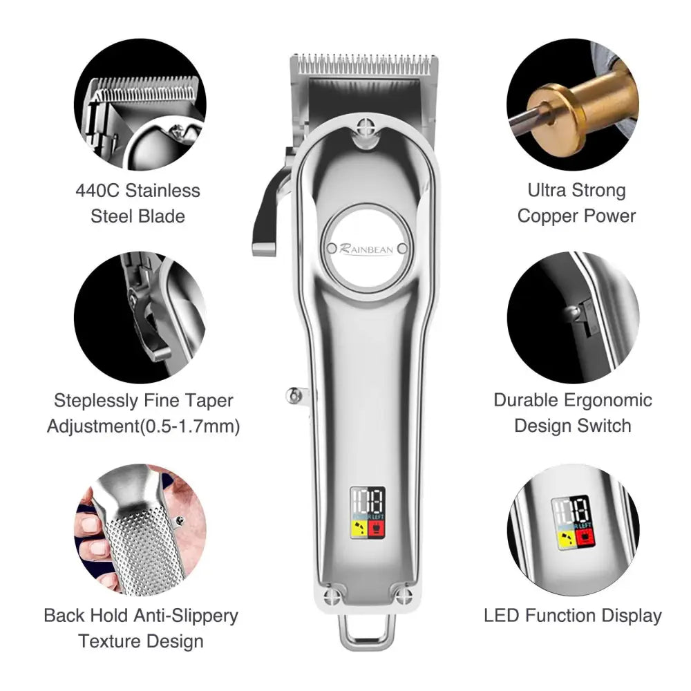 Silver rainbean ipx7 waterproof usb rechargeable beard trimmer with 440c stainless steel blade and led display