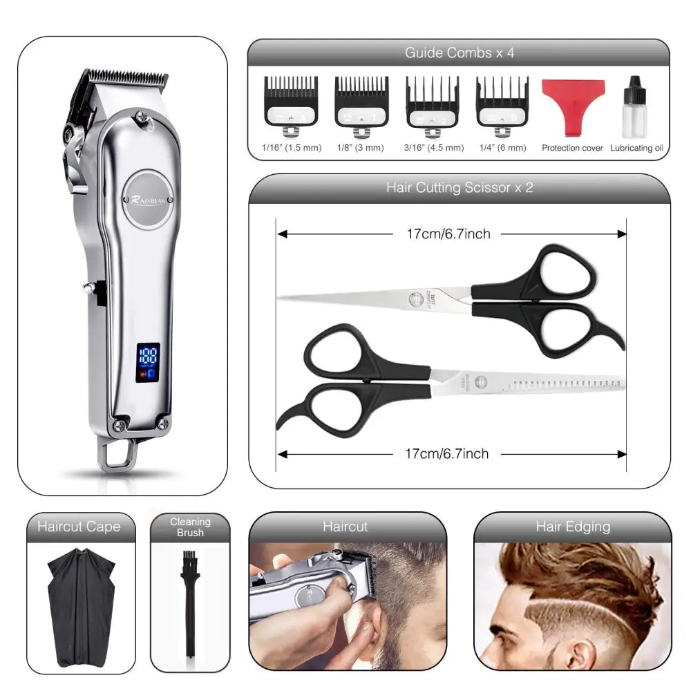 Silver ipx7 waterproof usb rechargeable beard trimmer with led display and ergonomic electric hair clipper design