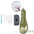 Olive green h2ofloss hf-6 ipx8 waterproof electric tooth punch with transparent reservoir and multiple colored attachments