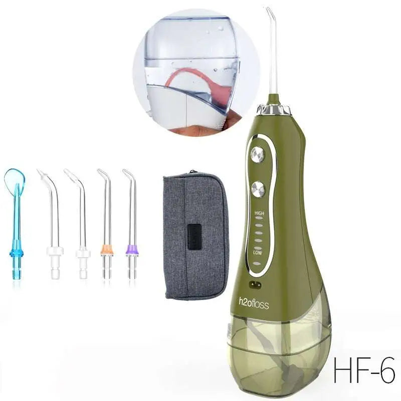 Olive green h2ofloss hf-6 ipx8 waterproof electric tooth punch with transparent reservoir and multiple colored attachments