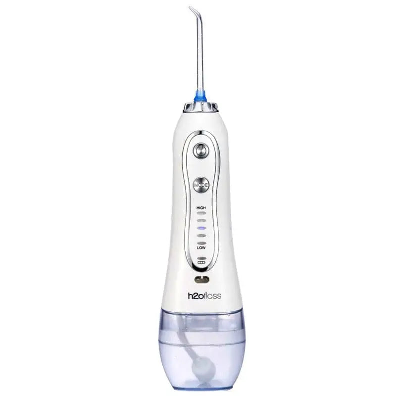 White h2ofloss handheld electric tooth punch with transparent reservoir and silver nozzle ipx8 waterproof electric model