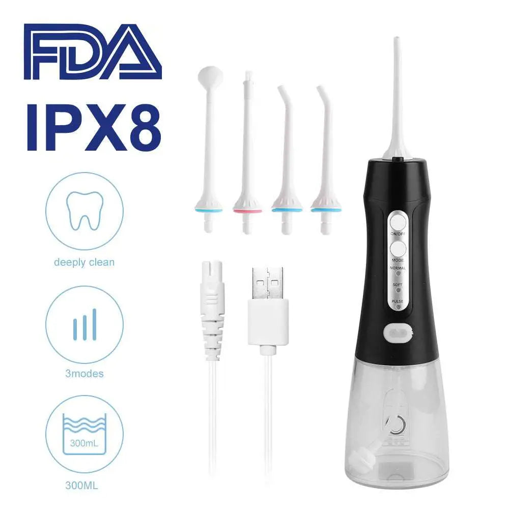Black and transparent handheld electric tooth punch with multiple nozzles usb charging and ipx8 waterproof certification