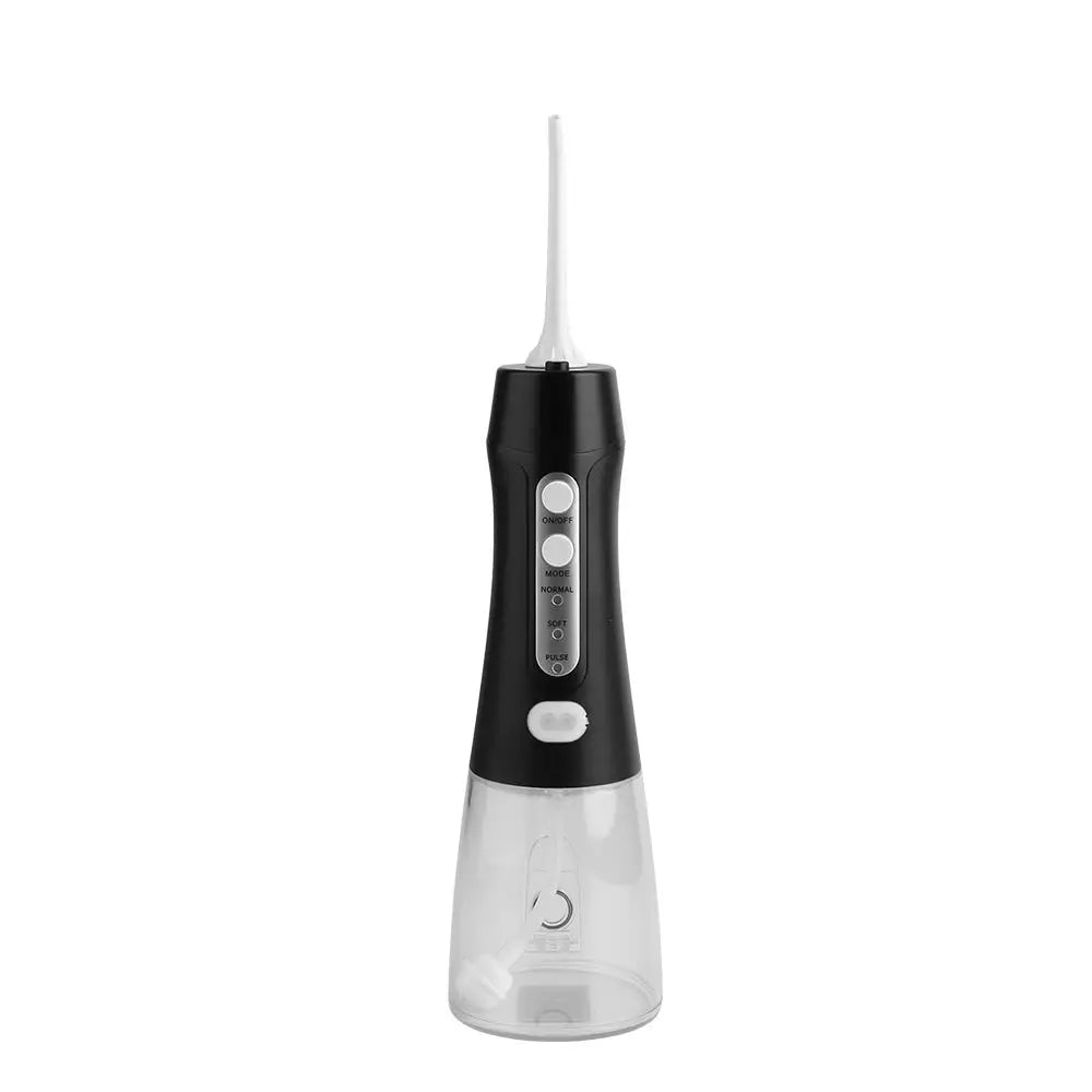 Black and transparent handheld ipx8 waterproof electric tooth punch with white nozzle and usb charging port