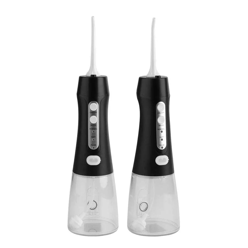 Two black and clear ipx8 waterproof electric tooth punch devices with white nozzles and usb charging ports