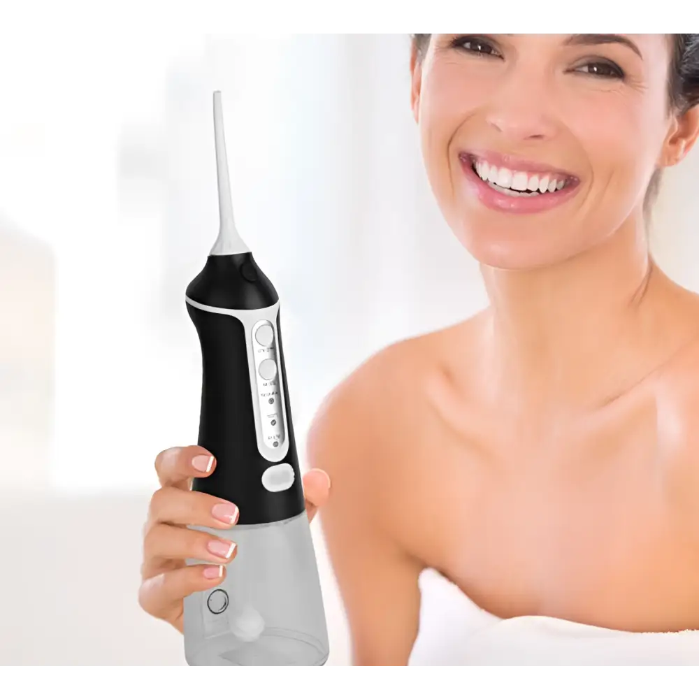Black and transparent handheld electric tooth punch with multiple nozzles usb charging and ipx8 waterproof certification