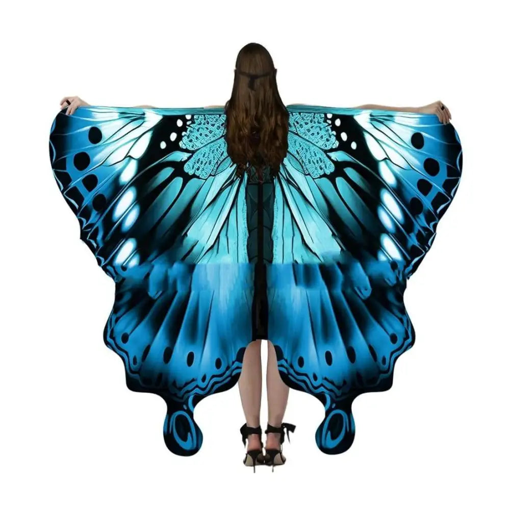 Iridescent butterfly talma halloween wing cape with vibrant detailed patterns and soft fabric finish shown from back side