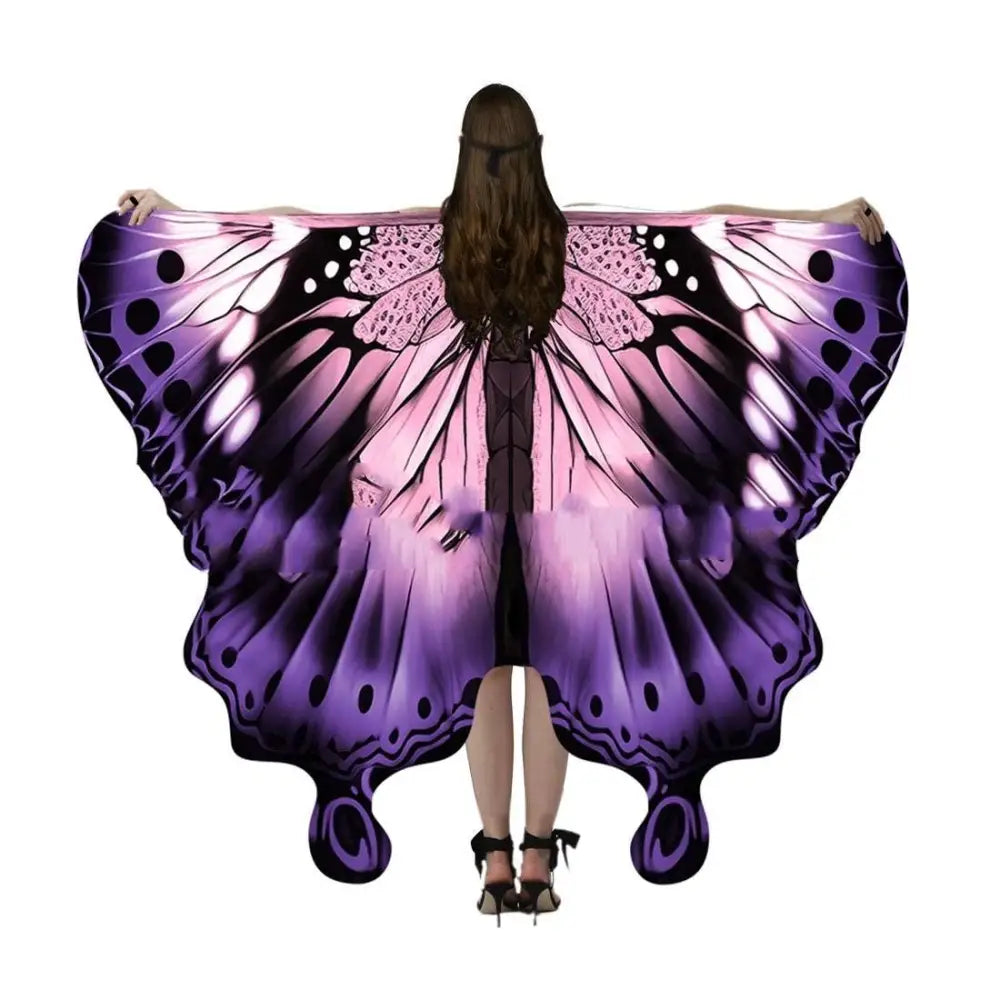 Iridescent butterfly talma halloween wing cape in vibrant purple and pink with black veining made of lightweight fabric