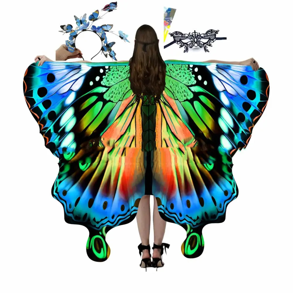 Vibrant iridescent butterfly talma halloween wing cape with blue green and orange gradient for american butterfly talma costume