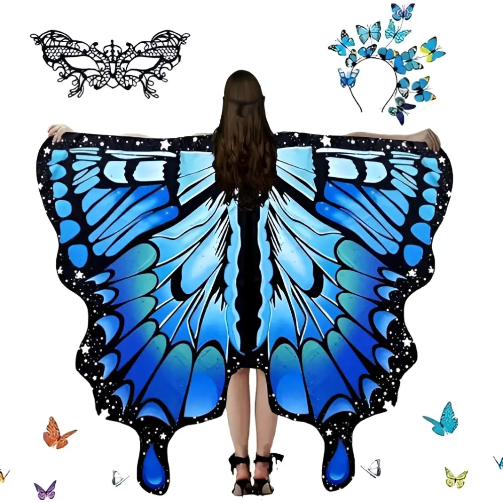 Blue butterfly wing cape with black outlines and star details for american butterfly talma halloween costume