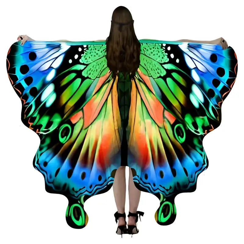 Iridescent butterfly talma halloween wing cape with vibrant detailed patterns and soft fabric finish shown from back side