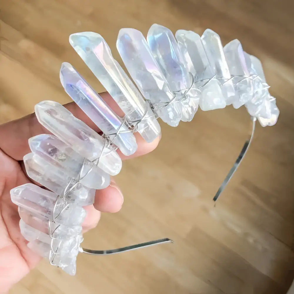 Delicate iridescent quartz crown headband with faceted crystals wired in silver metal for bridal hair accessories
