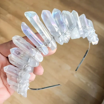 Delicate iridescent quartz crown headband with faceted crystals wired in silver metal for bridal hair accessories