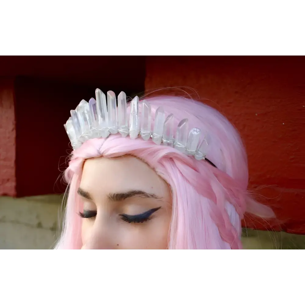 Clear faceted crystal iridescent quartz crown headband with a sleek modern design worn atop pink hair bridal hair accessories