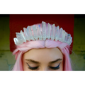 A delicate iridescent quartz crown tiara with pointed facets and silver wire frame bridal hair accessories